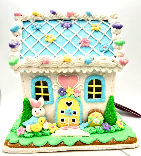 9 in White Blue Easter Gingerbread House Light Up