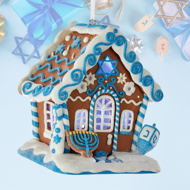 Kurt Adler Gingerbread LED Lighted Hanukkah House Ornament, 4" SEE VIDEO K94