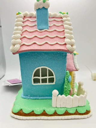 Easter 9" Blue Gingerbread House Light Up Bunny Eggs Tabletop Decor 46E37