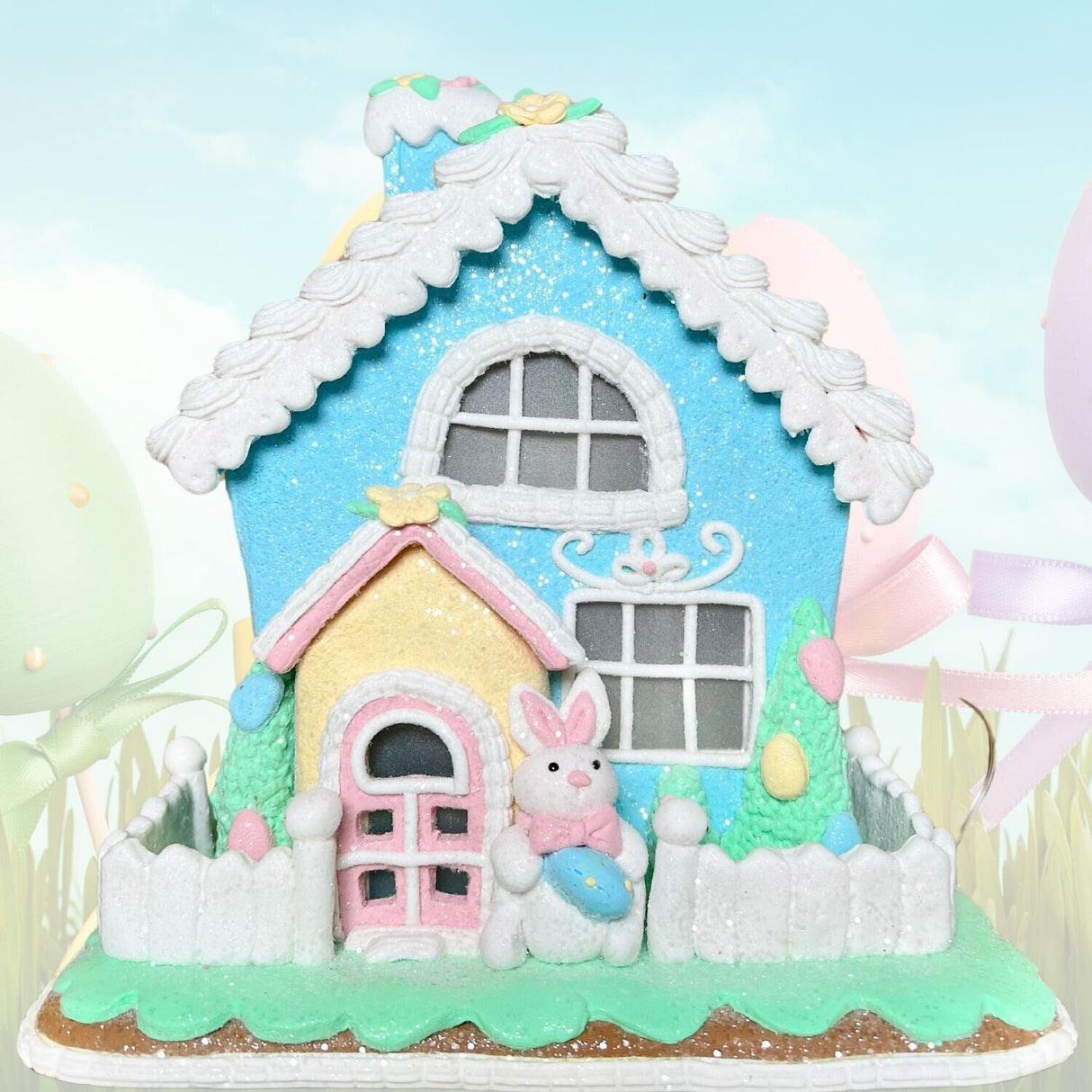 Easter Gingerbread House Light Up Bunny Rabbit Pastel BlueTabletop 36E37