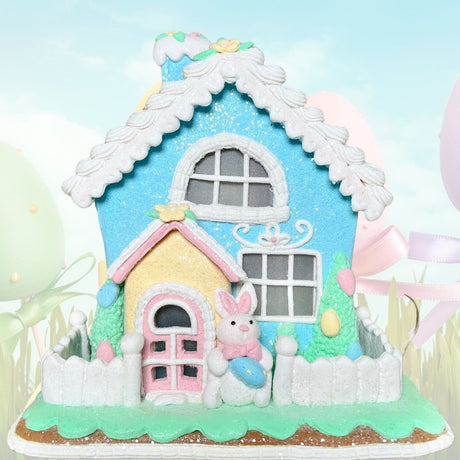 Easter Gingerbread House Light Up Bunny Rabbit Pastel BlueTabletop 36E37