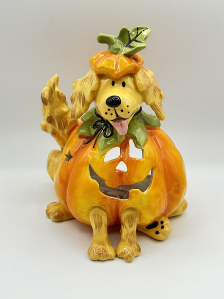 Blue Sky Clayworks Dog in Pumpkin Tea Light Holder Halloween Fall