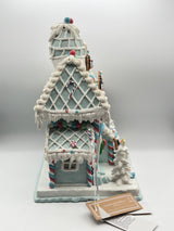 Cupcakes&Cashmere Christmas LightUp Pastel Blue Gingerbread House W/Penguins 14”