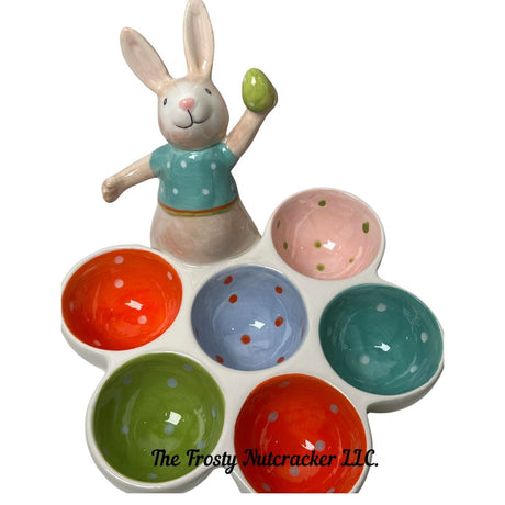 Colorful Spring Easter Bunny Rabbit 6 egg holder with Bunny holding Egg