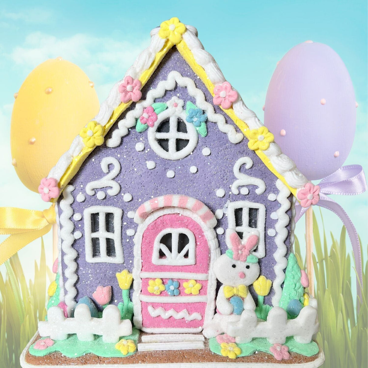 Purple Easter Gingerbread House Light Up