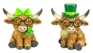 Resin Highland Cow Bespectacled Lucky St Patrick's Day Set 66116