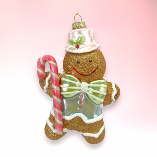 Blue Gingerbread Boy w/ Candy Cane Glass Ornament 79-81823 North Pole Sweet Shoppe