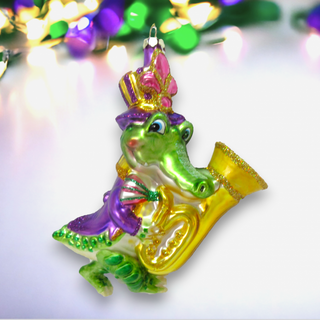 Pre-Order December Diamonds Mardi Gras Gator w Saxaphone Glass Ornament 79-81929
