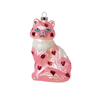 Pink Heart Cat Glass Christmas Ornament