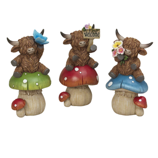 Pre-Order Resin Highland Cow Sitting on Mushroom Trio Set 2774550