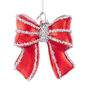 Pre-Order Holiday Diamonds Glass Red Bow With Silver Glitter Ornament D4960