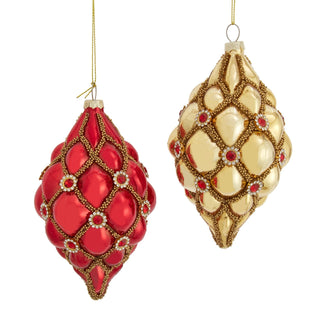 Pre-Order Holiday Diamonds100MM Glass Red & Gold Finial With Gems Ornament Set D4994