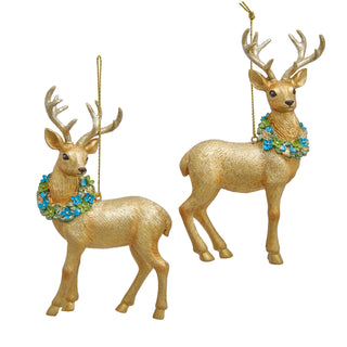 Pre-Order Gold Deer With Blue & Green Wreath Ornament Set E1186