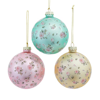 Pre-Order Glass Victorian Country Cottage Floral Decal Ball Ornament Set H5903