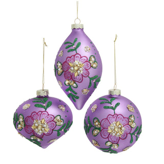 Pre-Order Country Cottage Floral Glass Purple & Gold Ball, Onion & Drop Ornament Set F2481