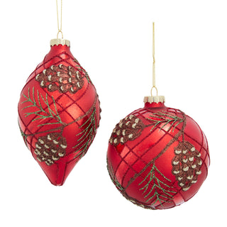 Pre-Order Embellished Glass Red Ball & Finial With Pinecones & Branches Ornament Set  F2532