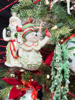 4" Mistletoe Snowman Holding Cardinal & Heart Ornament Set E1070