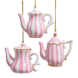 Pre-Order Whimsical Pink High Tea Time Porcelain Tea Pot With Stripes Ornament J7854