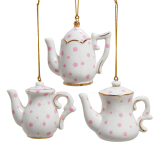 Pre-Order Whimsical Pink High Tea Time Porcelain Tea Pot With Polka Dots Ornament Set J7855