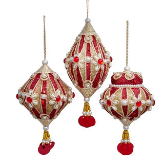 Pre-Order Holiday Diamonds Red & Gold With Pearl Accent Ornaments Set S4489