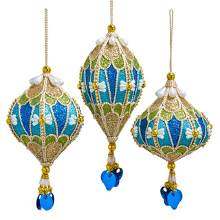 Pre-Order Blue, Green, Gold With Pearl & Gold Trim Finial Ornament Set S4490
