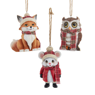 Pre-Order Owl, Fox & Mouse With Plaid Scarf Ornament Set T4044