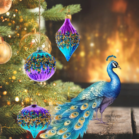 Glass Peacock Ball, Finial and Onion Ornaments Set Christmas