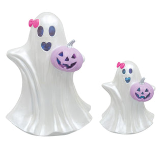 LED Light up Ghost with Purple Jack o Lantern & Pink Bow 55162