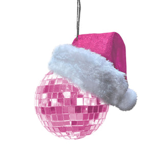 60MM Pink Mirror Ball With Pink Santa Hat Ornament T3724 Bedazzled