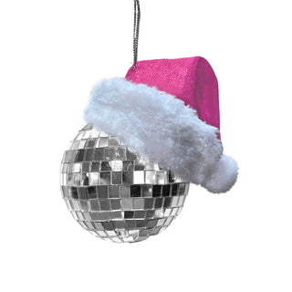 60MM Silver Mirror Ball With Pink Santa Hat Ornament T3724 Bedazzled