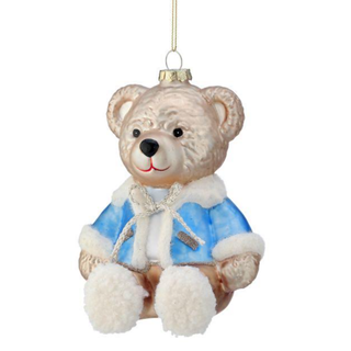Large Glass Cozy Bear w/Blue Jacket Ornament MTX78186