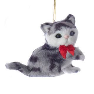 Gray Tabby 3.75" Plush Sitting Cat With Bow Tie Ornament
