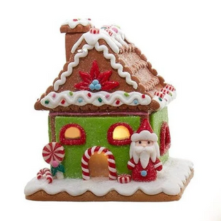 LED Santa Red, White & Green Gingerbread House Table Piece GBJ0043