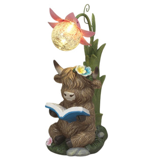 Pre-Order Spring 2026 Solar Lighted Resin Highland Cow w/ Metal Flower & Crackle Glass Ball