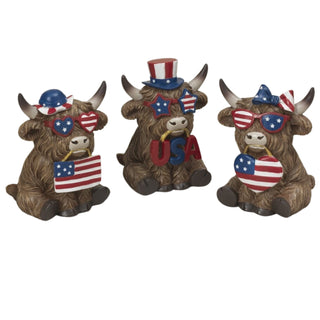 Pre-Order Spring 2026 Resin Americana Highland Cow w/ Glasses Flags Hats Bow Set