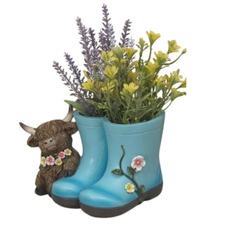 Pre-Order Spring 2026 Resin Highland Cow Blue Boots Planter