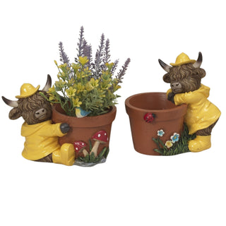 Pre-Order Spring 2026 Resin Highland Cow Planter Set Yellow Rainboots Raincoats