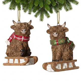 Pre-Order Christmas Highland Cow Sledding Ornament Set 2851980