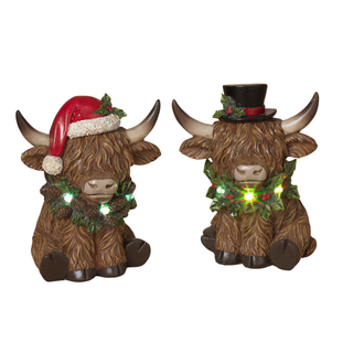 Pre-Order Christmas B/O Lighted Resin Holiday Highland Cow 2795010