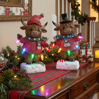 Pre-Order Christmas B/O Lighted Resin Holiday Highland Cow w/ Timer 2795210