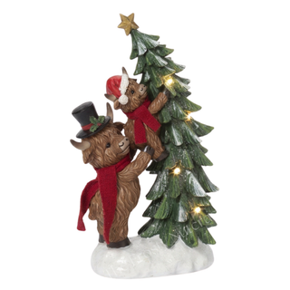 Pre-Order Christmas B/O Lighted Resin Holiday Highland Cows w/ Tree & Timer 2795250