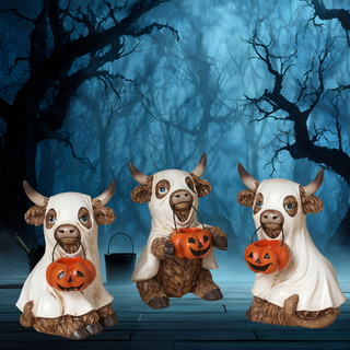 Pre-Order Halloween Highland Cow Ghost Trio Set with Pumpkin Buckets 2851290
