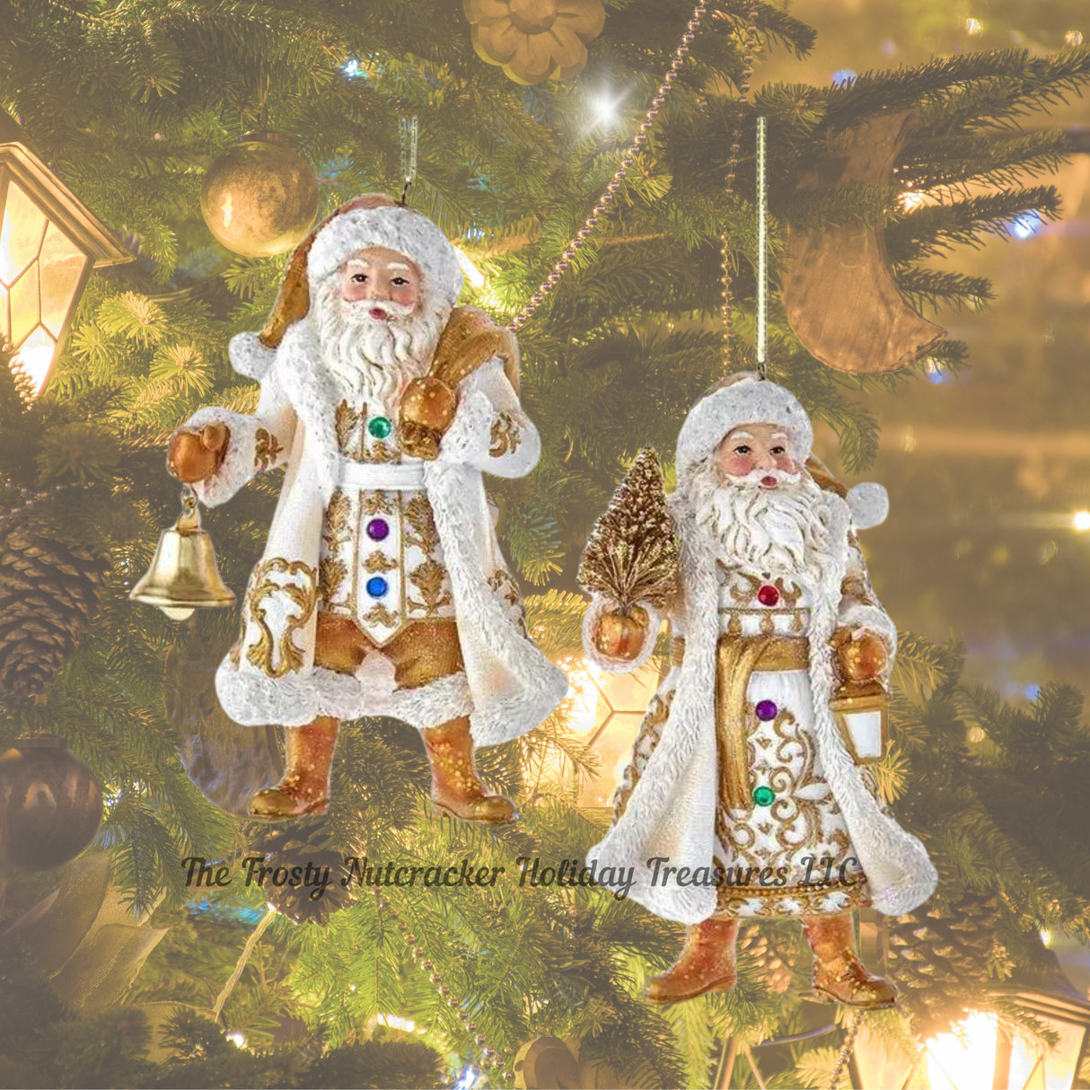 Vintage Jeweled White and Gold Santa Ornament set of 2