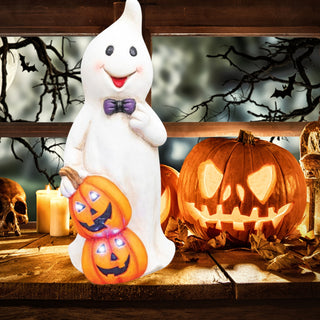 Ghost and Jack O Lantern Pumpkin Stack with Lights 55039