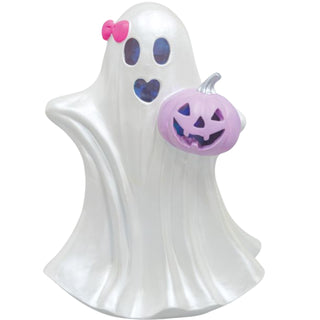 LED Light up Ghost with Purple Jack o Lantern & Pink Bow 55162