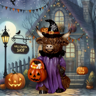 Halloween Purple Coat Highland Cow Witch Hat Standing 2854670