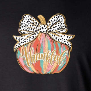 Black Womens Long Sleeve Tee Soft Thankful Painted Pumpkin with Bow Front Print