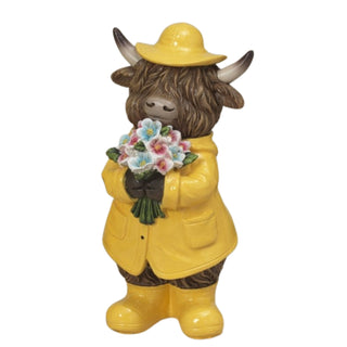 Pre-Order Spring 2026 Resin Highland Cow w/ Raincoat Flowers & Umbrella