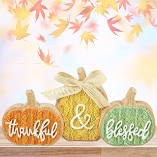 Fall Thanksgiving Welcome Thankful Faux Knit Pumpkins Sign Tabletop Decor 45107
