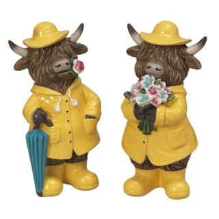 Pre-Order Spring 2026 Resin Highland Cow w/ Raincoat Flowers & Umbrella
